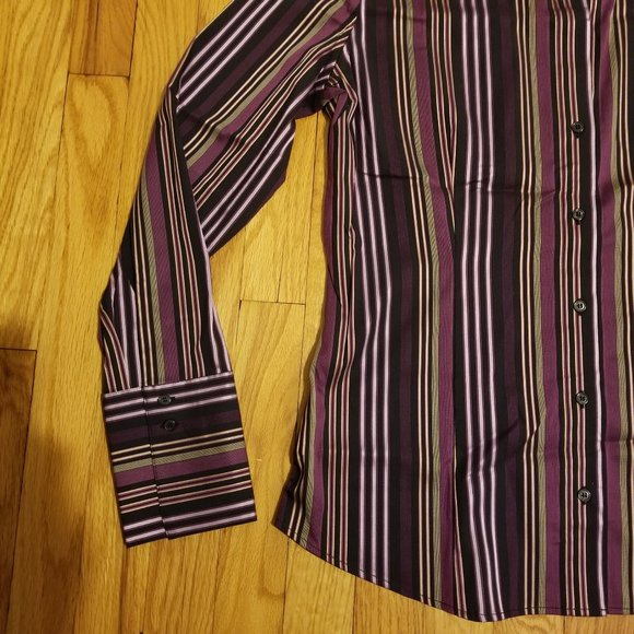 New York & Co. Stretch L/S V-Neck Button Up Striped Shirt Purple Womens Sz Large - Picture 3 of 10